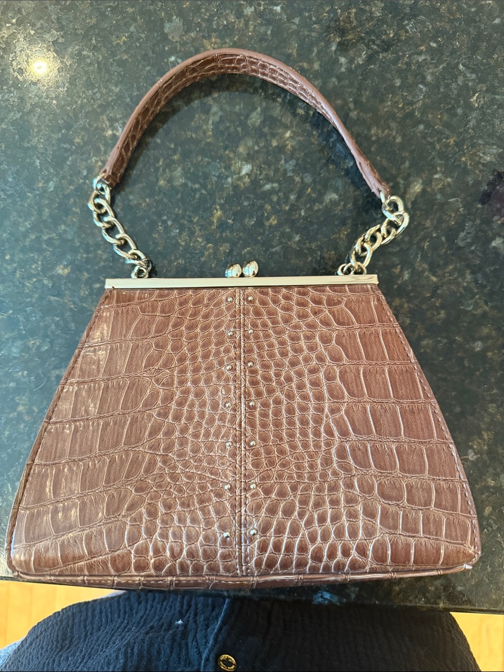 Liz Claiborne Croc-Embossed Brown Top-Handle Clutch with Chain